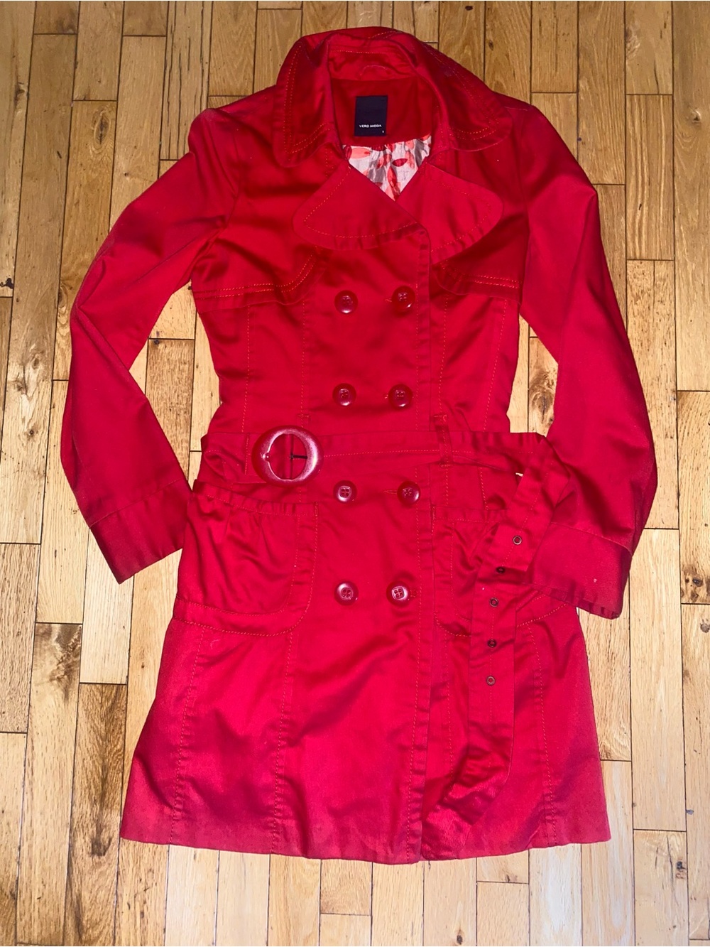 Vero Moda Red Double-Breasted Trench Coat with Belt Xsmall